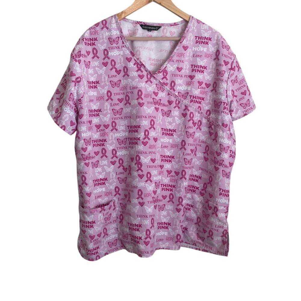 Cassandra O Scrubs Women Top 2X Pink Medical Nurse Breast Cancer Awareness